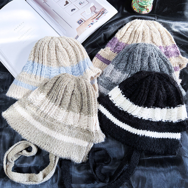 针织帽韩国代购条纹日系系带羊毛混纺时尚毛线帽男女情侣秋冬新款