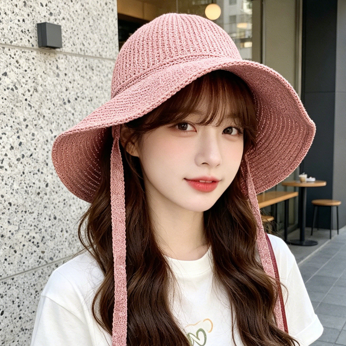 韩系明星防晒宽檐防风绳草帽女