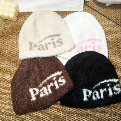 韩国代购短款Paris毛线帽冬季女