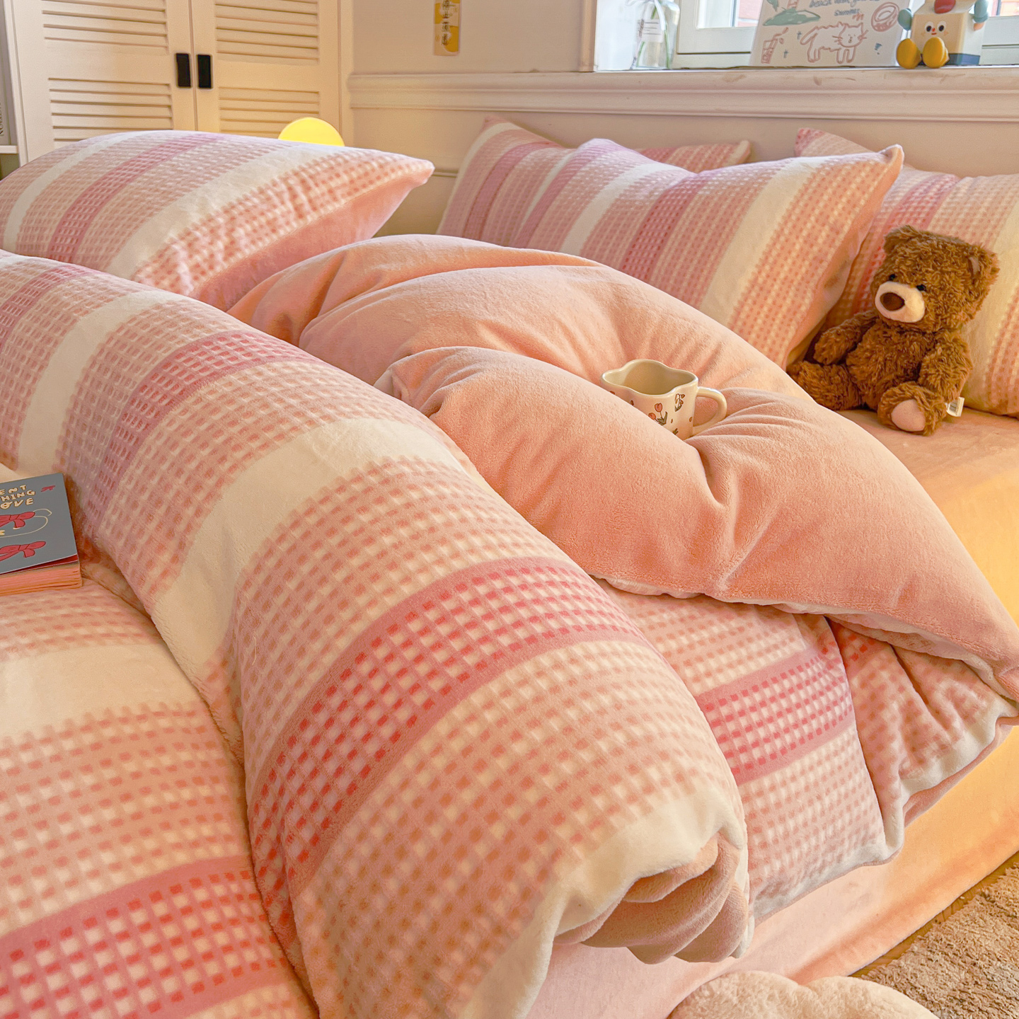 华夫格烂花牛奶绒床上四件套新款