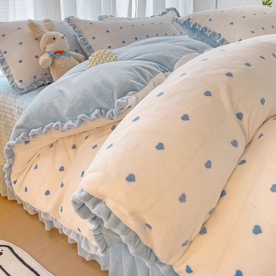 公主风花边牛奶绒床上四件套珊瑚绒床盖冬季加绒厚床单被套三件套