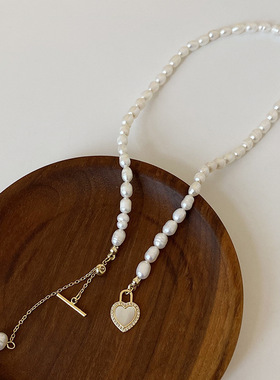 法式温柔天然珍珠爱心贝壳项链女 复古轻奢小众高级感毛衣链