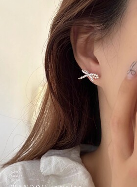 纯手工制作串珠 纯银珍珠蝴蝶结造型耳钉女老钱风精致小众耳饰潮