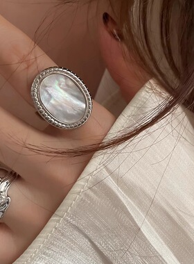 欧美ins天然白贝母方形食指戒指女轻奢小众设计高级时尚个性指环