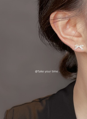 蕾丝系！简约时尚通勤百搭镀银针镂空蝴蝶结新款耳钉工厂 耳饰女