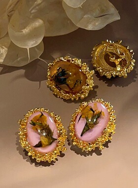 精美设计感彩色干花琥珀耳环法式复古镀18K哑金高级感个性耳饰品