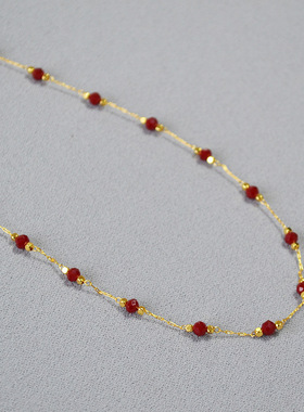 日韩小众朱砂红刻面尖晶黄铜镀金