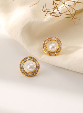 日韩复古高级感微镶锆石珍珠耳钉女925银针时尚轻奢百搭耳饰