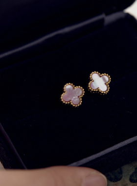 粉紫色贝母四叶草耳钉新款无痛蚊香盘耳夹无耳洞女轻奢高级耳饰夏