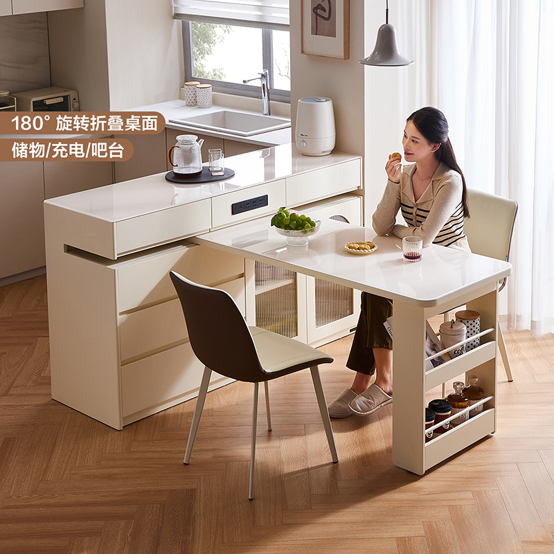 全友家居现代简约玻璃餐桌岛台一体可伸缩轻奢高级感饭桌椅组合