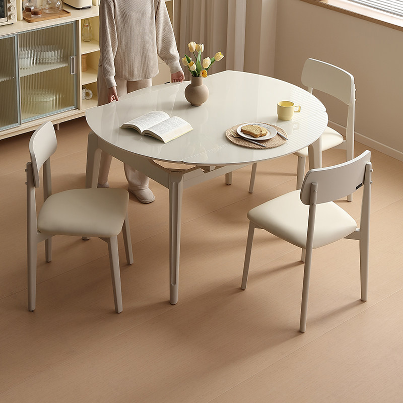 全友家居奶油风折叠可变圆形实木脚餐桌钢化玻璃吃饭桌子椅子组合,住宅家具,玻璃餐桌,淘宝优惠券,粉丝福利购,淘宝优惠卷
