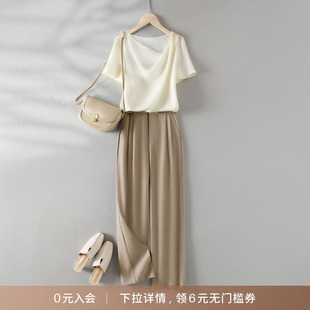 IHIMI/海谧25夏款女气质简约知性套装显瘦荡领小衫直筒休闲裤套装