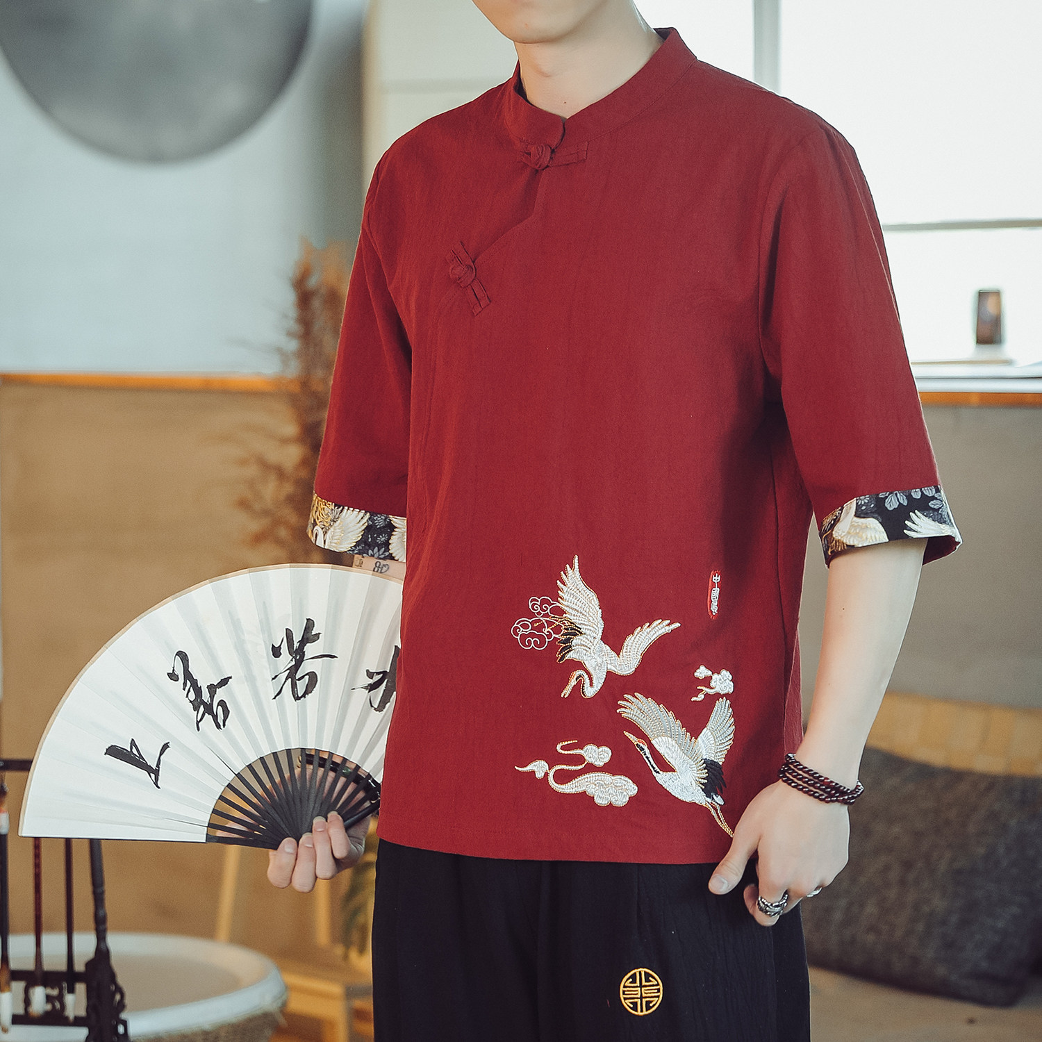 风夏季刺绣薄款亚麻T恤男士大码短袖YM76/P55,男装T恤,钱塘322（原A036）