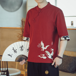 风夏季刺绣薄款亚麻T恤男士大码短袖 YM76/P55图片