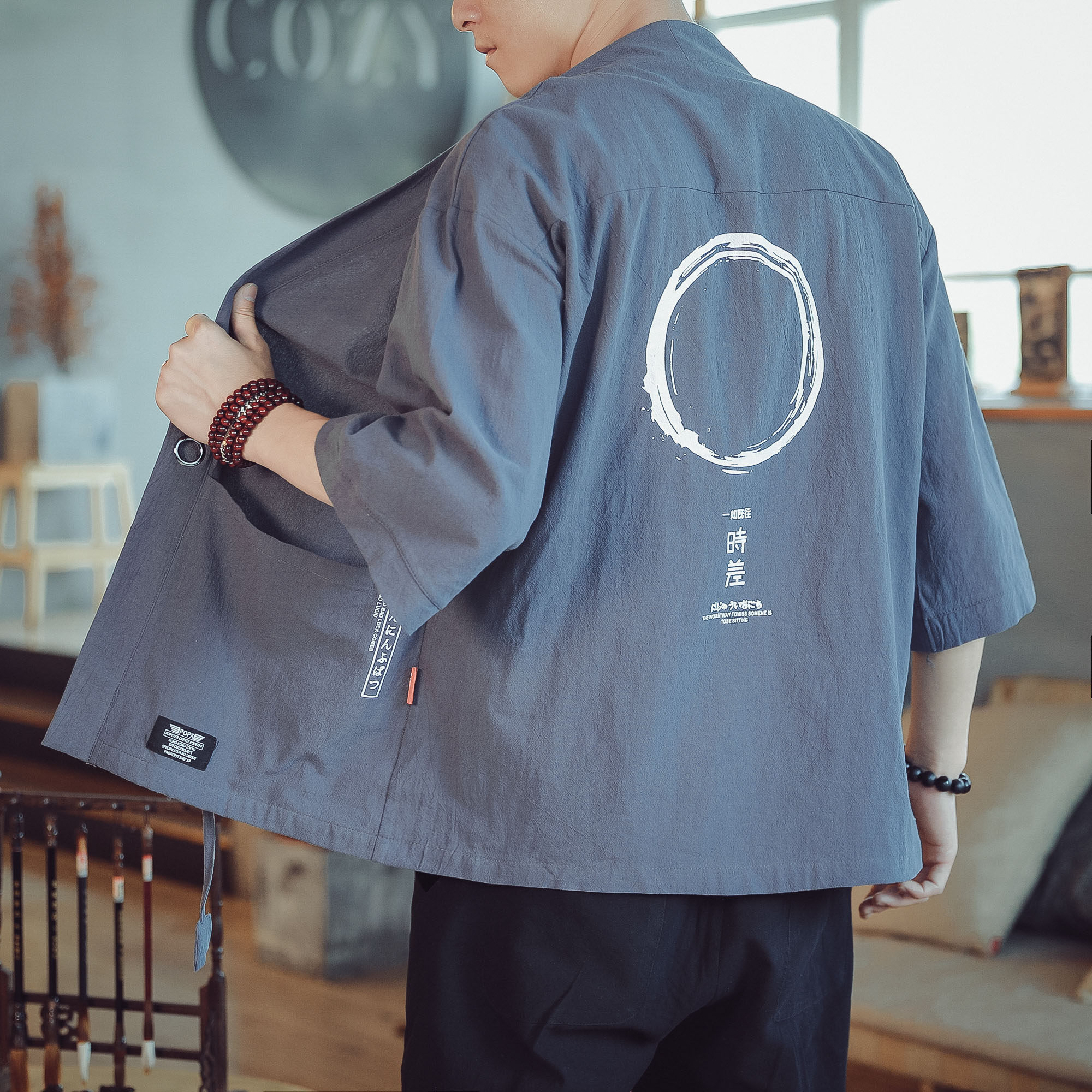 风亚麻七分袖开衫男薄款复古日系和服开衫道袍A036-HF03/P35,男装衬衫,钱塘322（原A036）
