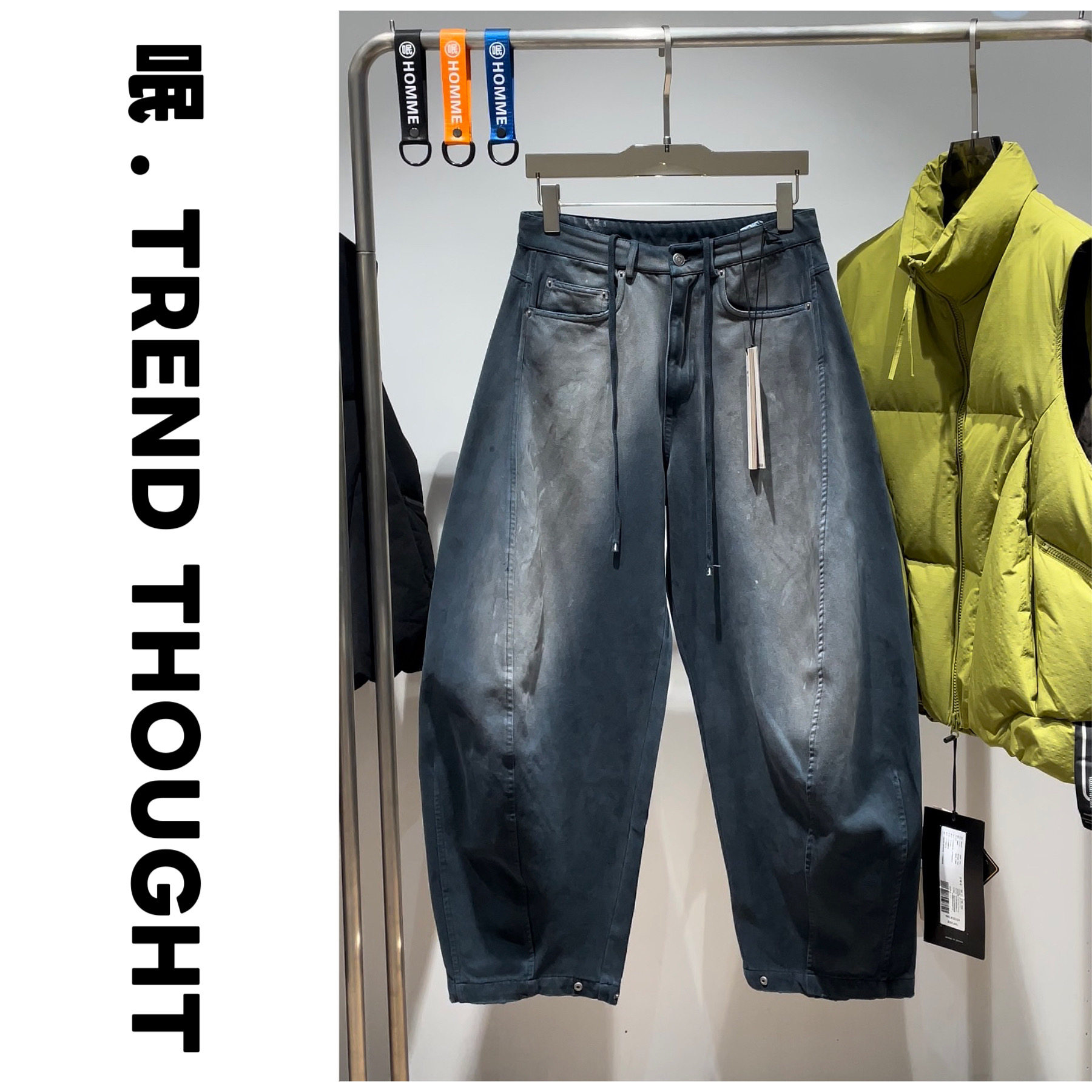 呡 . TREND THOUGHT丨JIUJIN梭织长裤水洗涂鸦牛仔裤阔腿裤