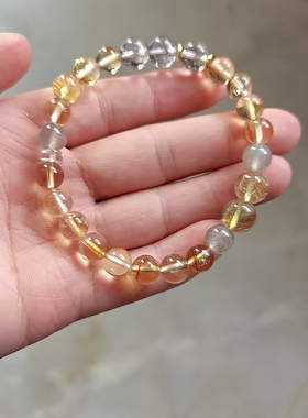 天然水晶手链女款单圈手串饰品原创黑发晶金灰月光石7到8㎜