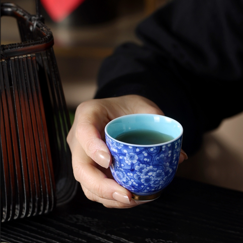 景德镇陶瓷茶杯青花霁蓝品茗杯功夫茶杯茶具主人杯冰梅中式单杯