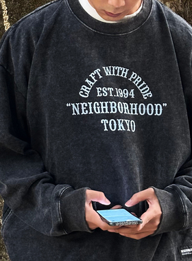 NBHD重磅360g日系做旧黑色印花蜡染水洗圆领套头卫衣宽松纯棉上衣