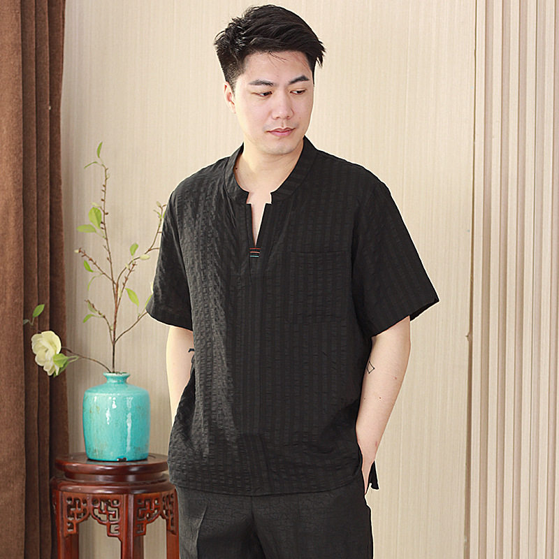 100%真丝香云纱薄款T恤衫冠乐绉桑蚕丝男装夏装中老年V领宽松上衣