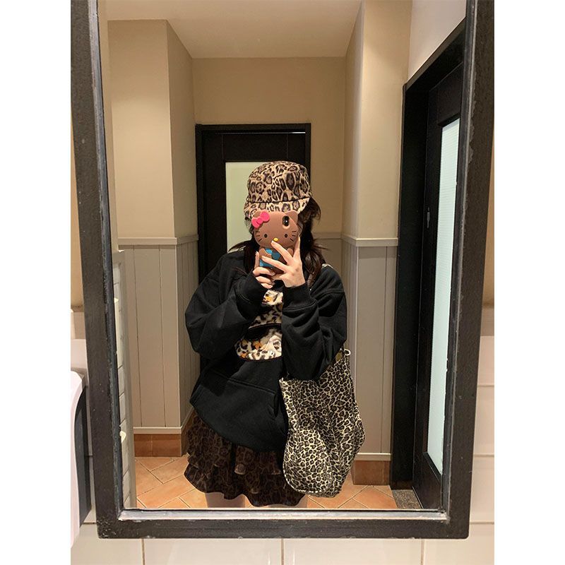 美式高街豹纹刺绣连帽卫衣女秋冬新款加绒休闲宽松设计感套头外套