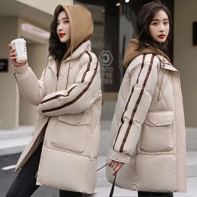 假两件拼色羽绒棉衣女冬装新中长棉衣/棉服