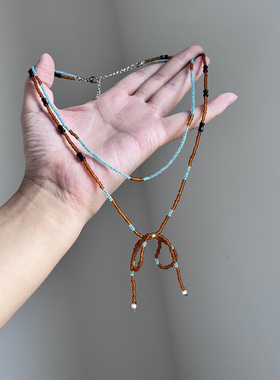 双层叠戴蓝咖撞色串珠蝴蝶结项链