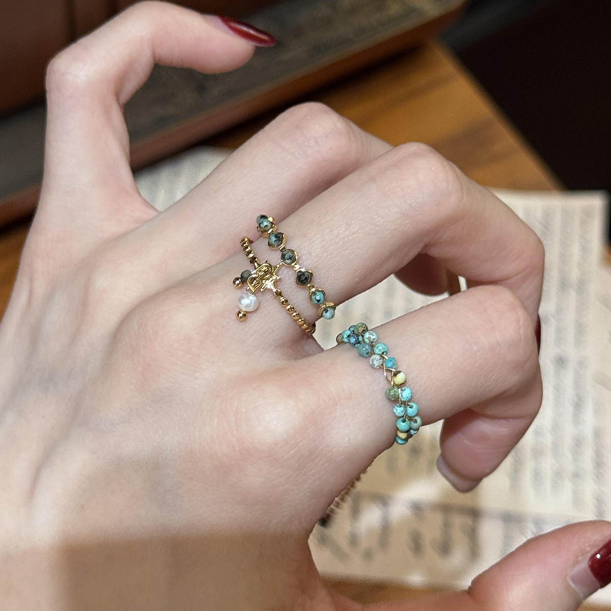 新中式民族风绿松石头双层一体链条戒指女叠戴麻花细戒天然石指环