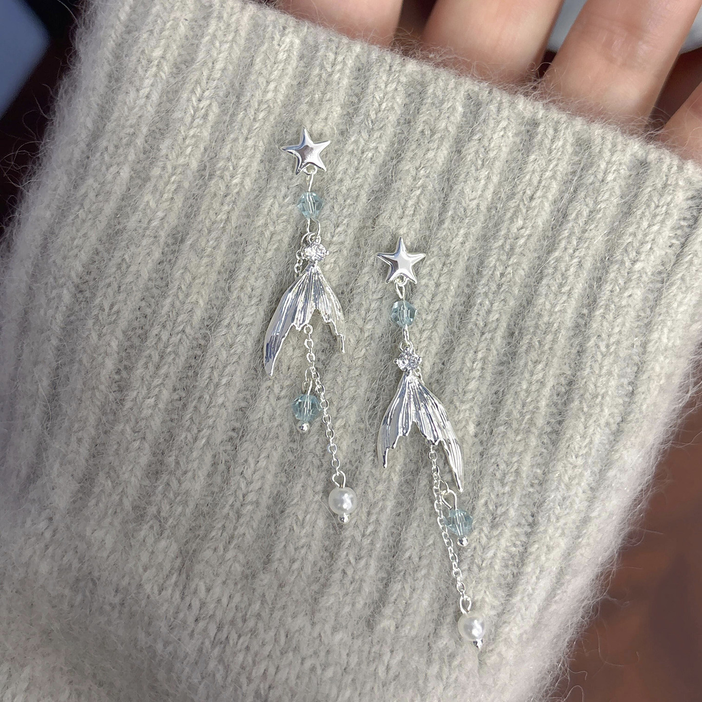 星星人鱼尾流苏耳环清透蓝水晶