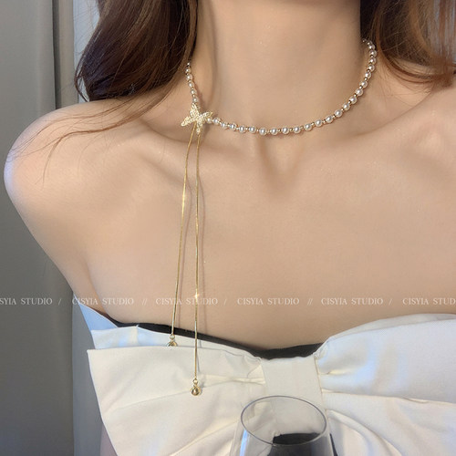 珍珠项链女款蝴蝶流苏吊坠锁骨链