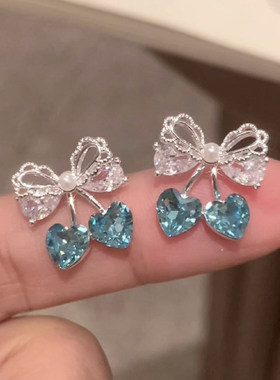 海盐蓝心~锆石樱桃耳钉甜美小众