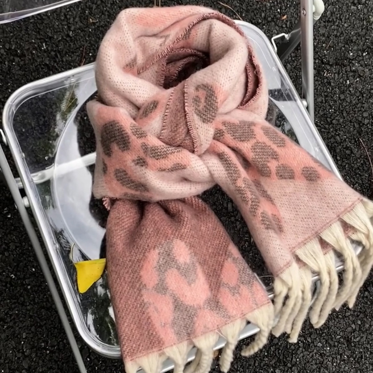 冬新款双面粉色豹纹爱心围巾女复古仿羊绒氛围感保暖围脖闺蜜披肩