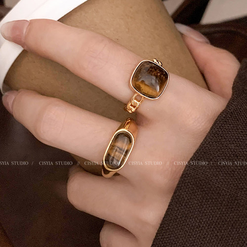 复古女郎~虎眼石琥珀色金色戒指