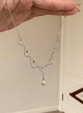 银色清冷珍珠蕾丝项链女夏季