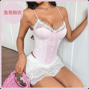 春夏ins清新甜美风蕾丝胸棉钢圈鱼骨手工钉扣系绳性感小吊带