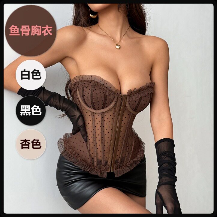 波点蕾丝胸衣女鱼骨钢圈胸垫排扣系绳外穿内搭抹胸上衣