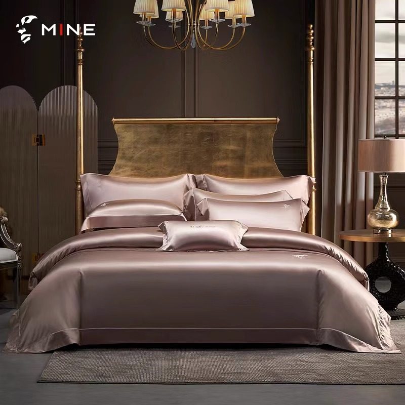 MINE/寐丝棉缎纹绣花床上四件套轻奢纯色床品被套床单套件 馨灰樱