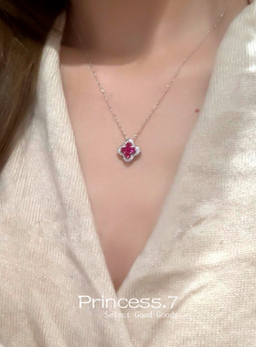 闪钻红宝石四叶草花瓣项链新款