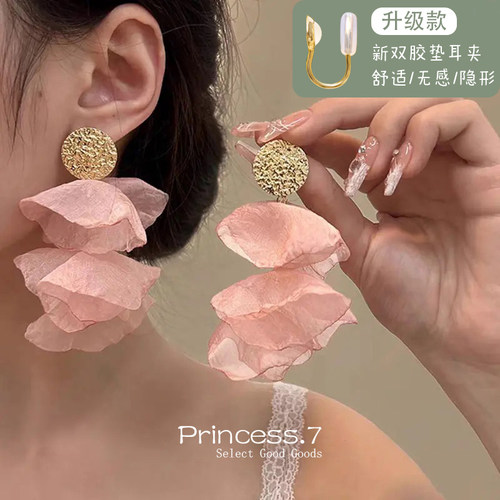 法式复古糖果色雪纺花瓣耳环