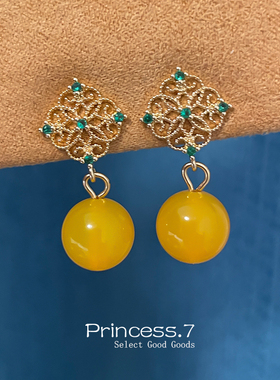 新中式黄色玛瑙耳环独特小众蚊香盘耳夹无耳洞复古耳坠耳钉耳环潮