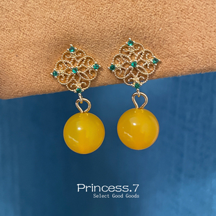 新中式黄色玛瑙耳环独特小众蚊香盘耳夹无耳洞复古耳坠耳钉耳环潮