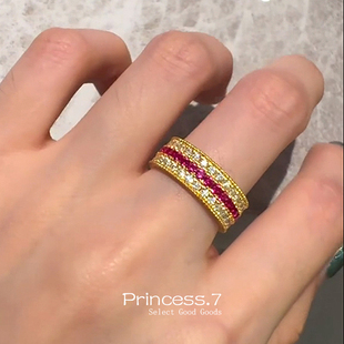 安卡拉红彩色镶钻戒指女小众设计轻奢百搭气质高级感通勤精致指环