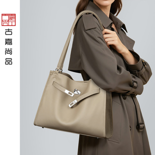 头层牛皮单肩凯莉包女大容量2026年新款高级感轻奢通勤腋下托特包