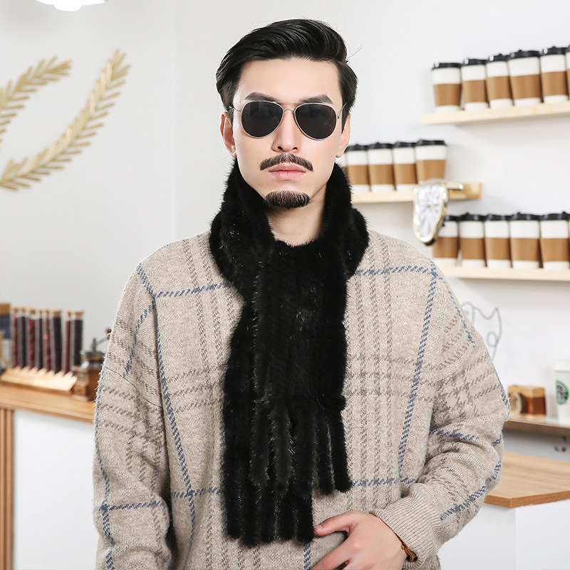 水貂毛围巾男冬季韩版中老年双面加厚保暖护颈编织加长皮草围脖女