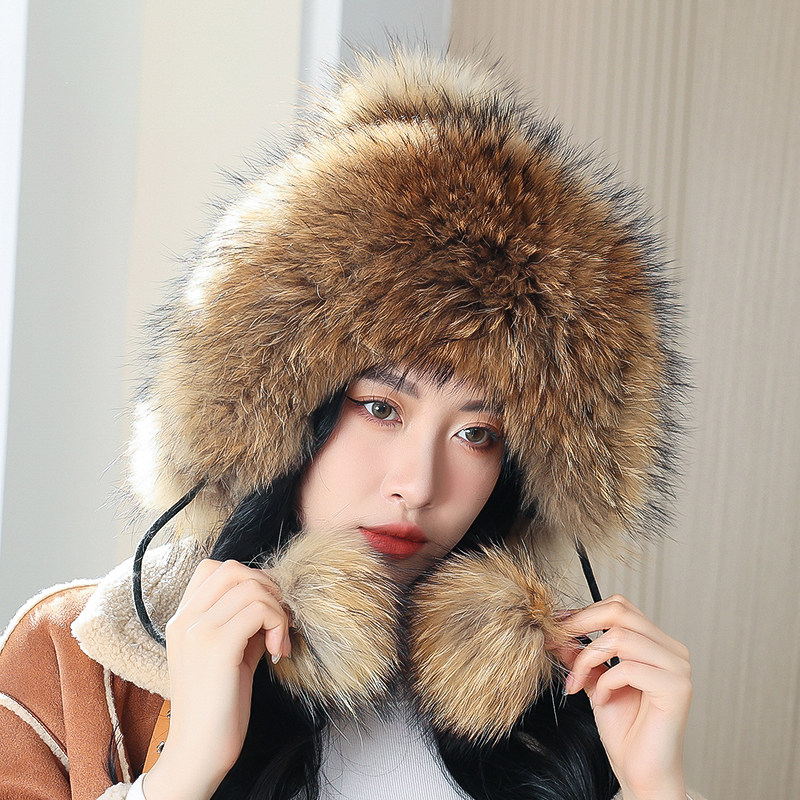 冬季新款狐狸毛皮草雷锋帽貉子毛加绒毛线帽甜美可爱护耳保暖女帽