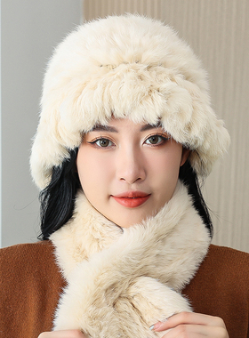 兔毛帽子女秋冬毛绒皮草帽子白色针织毛线帽兔毛扩边渔夫帽雪地帽