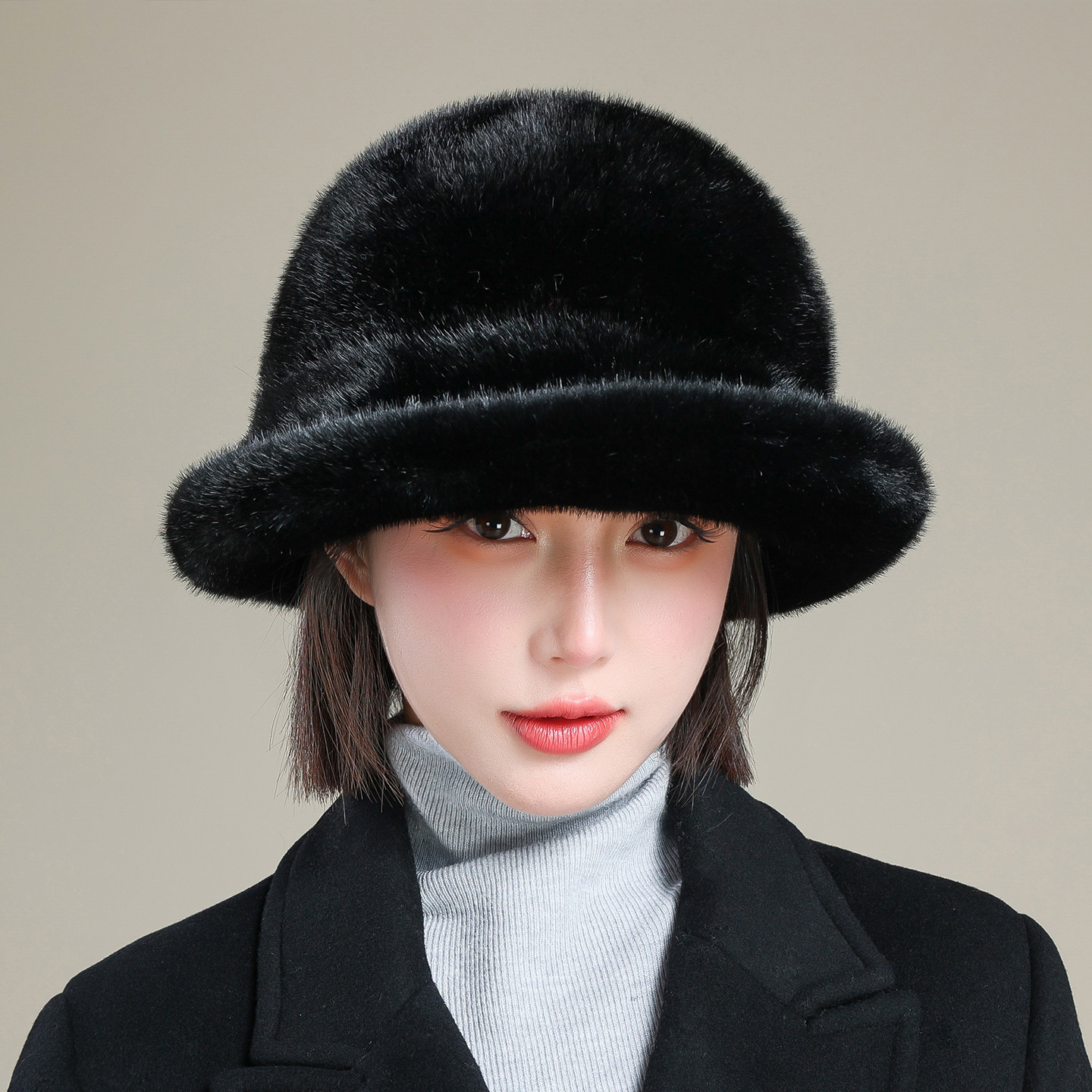 女冬季保暖仿貂皮草帽子卷边渔夫盆帽仿水貂毛轻奢时尚礼帽显脸小