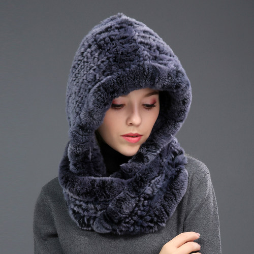 獭兔毛一体户外加厚护耳帽子围巾