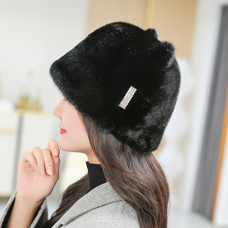 水貂毛皮草女帽冬季可爱猫耳朵整貂皮礼帽简约保暖渔夫帽新款盆帽