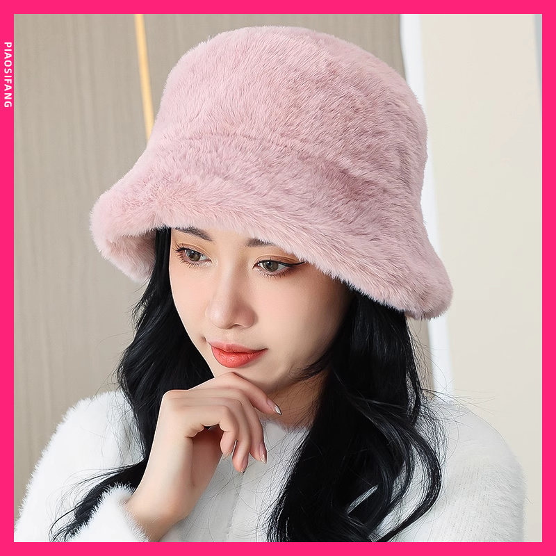 女冬季大头围仿獭兔毛毛绒帽子秋冬季盆帽遮脸显脸小水桶渔夫帽